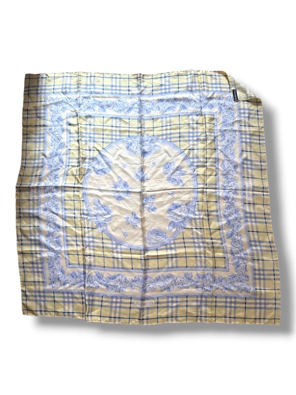 Burberry Cream and Blue Plaid Floral Silk Scarf. Vintage. Brand New.